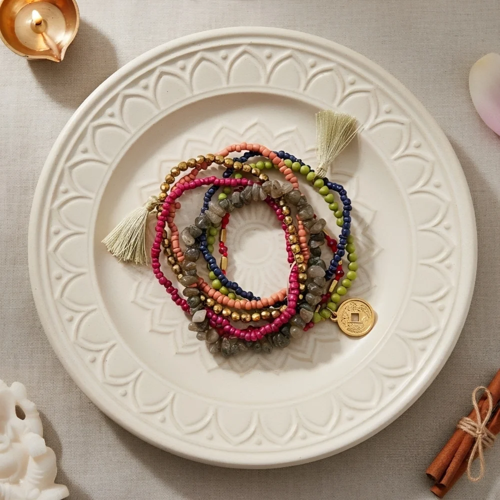 Artisanal Indian Boho Colorful Beaded Bracelet Set With Tassels & Gold Charm